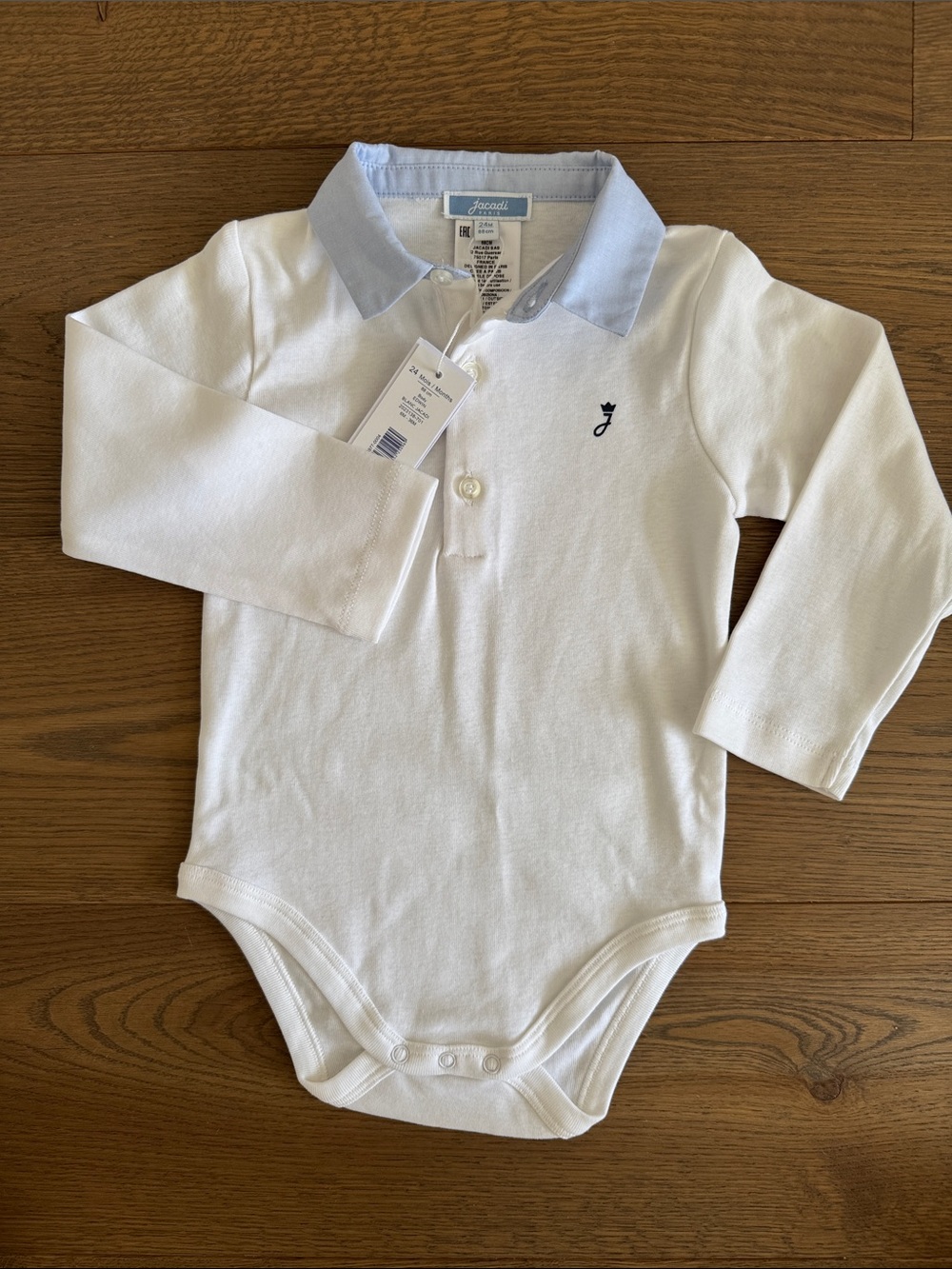 Jacadi White Long-Sleeve Polo Bodysuit with Light Blue Collar